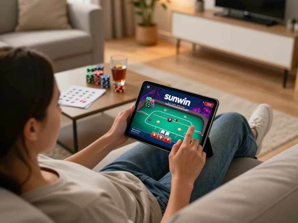 Sunwin player engaging in an online poker game on a tablet in a cozy home environment.