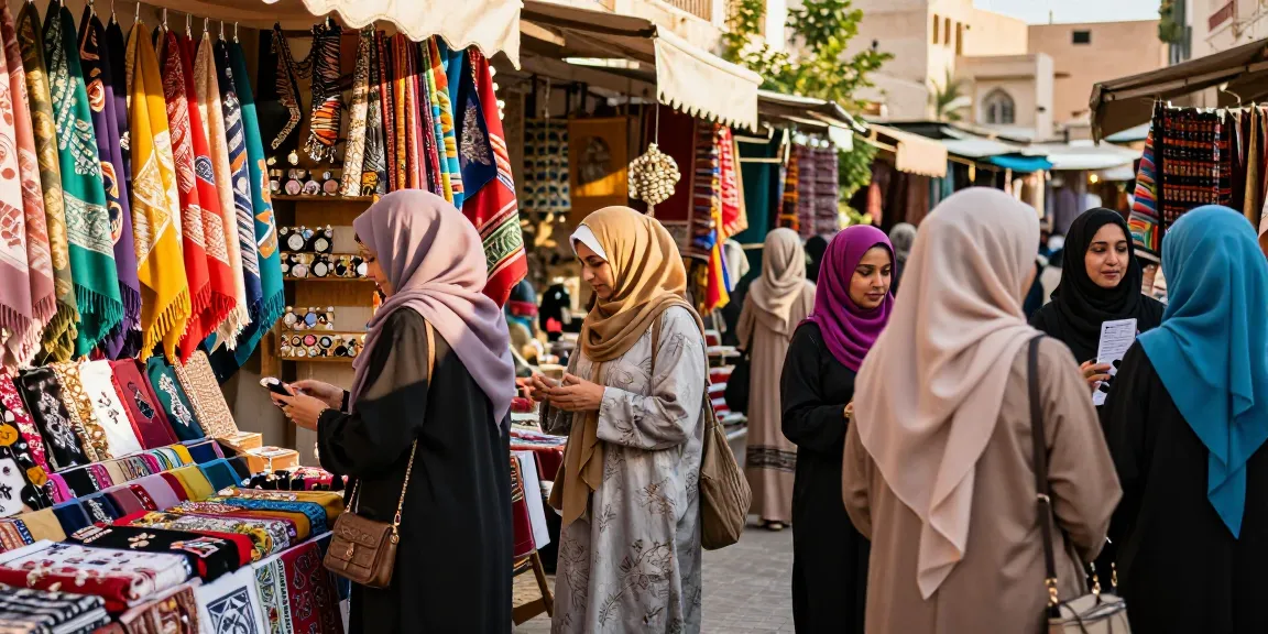 Women exploring a hijab shop in a vibrant market setting, showcasing stylish designs.