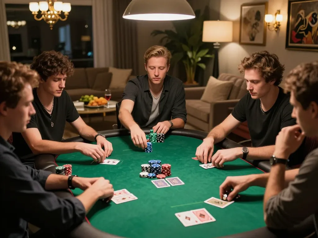 Participants enjoying a strategic poker game at home with vipwin branding showcased in the environment, capturing the essence of friendly competition.