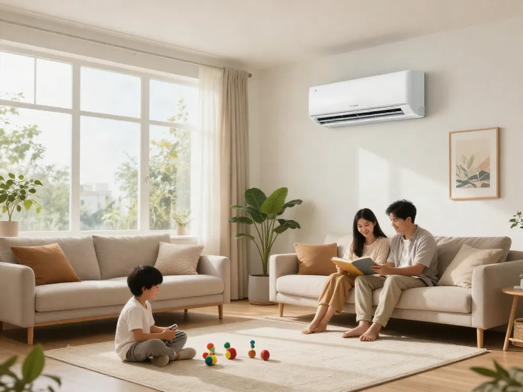 Cozy living room with an 18000 BTU mini split AC providing comfort for the family.