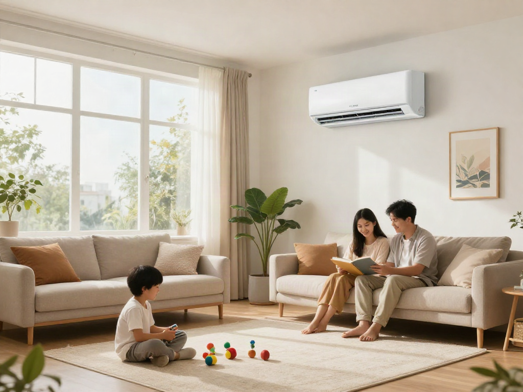 Cozy living room with an 18000 BTU mini split AC providing comfort for the family.