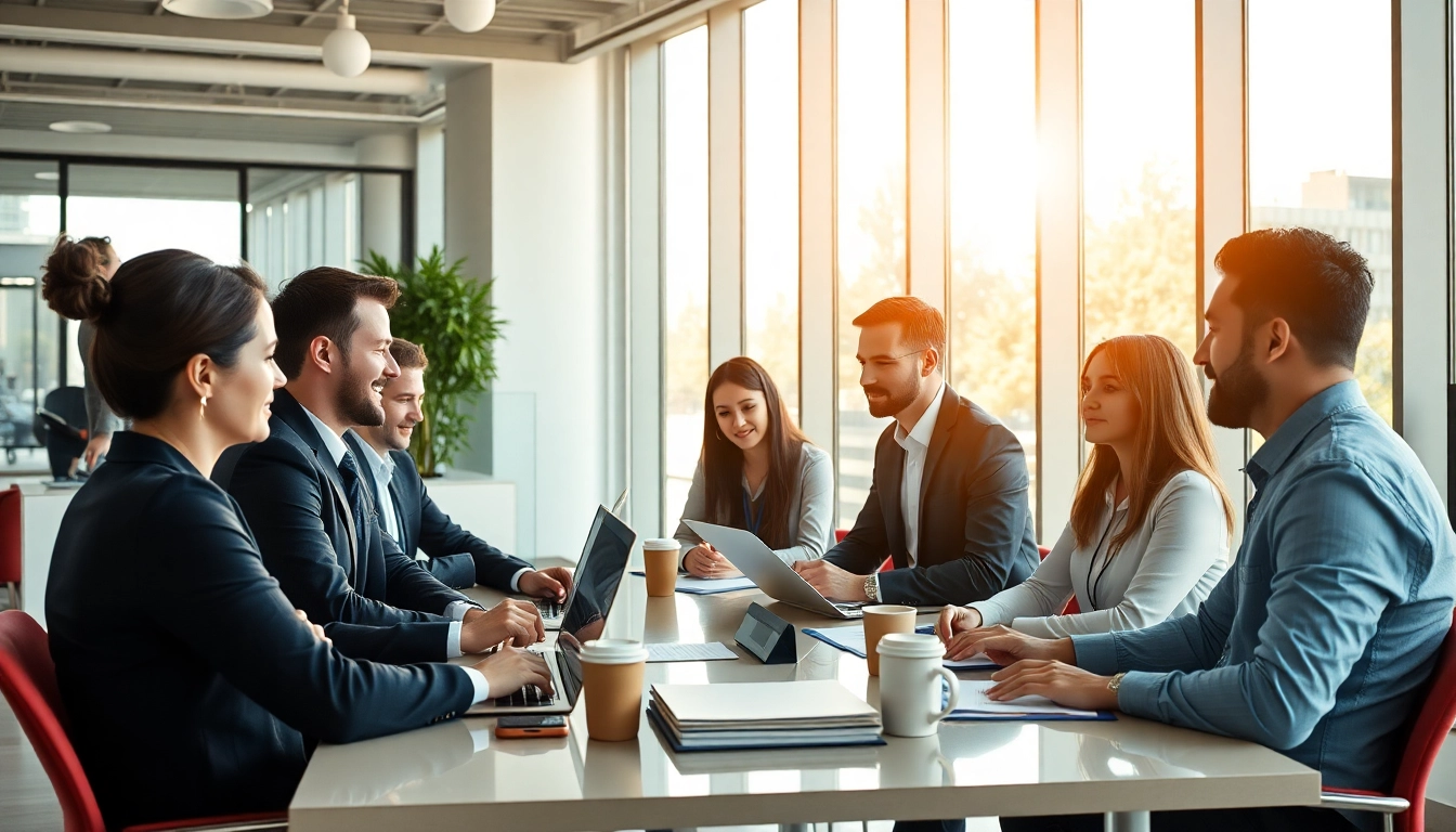 Engaged team of msp companies near me collaborating in a bright office.