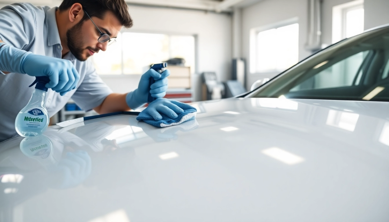 Apply ceramic coating near me with precision by a car detailing professional in a bright, organized garage.