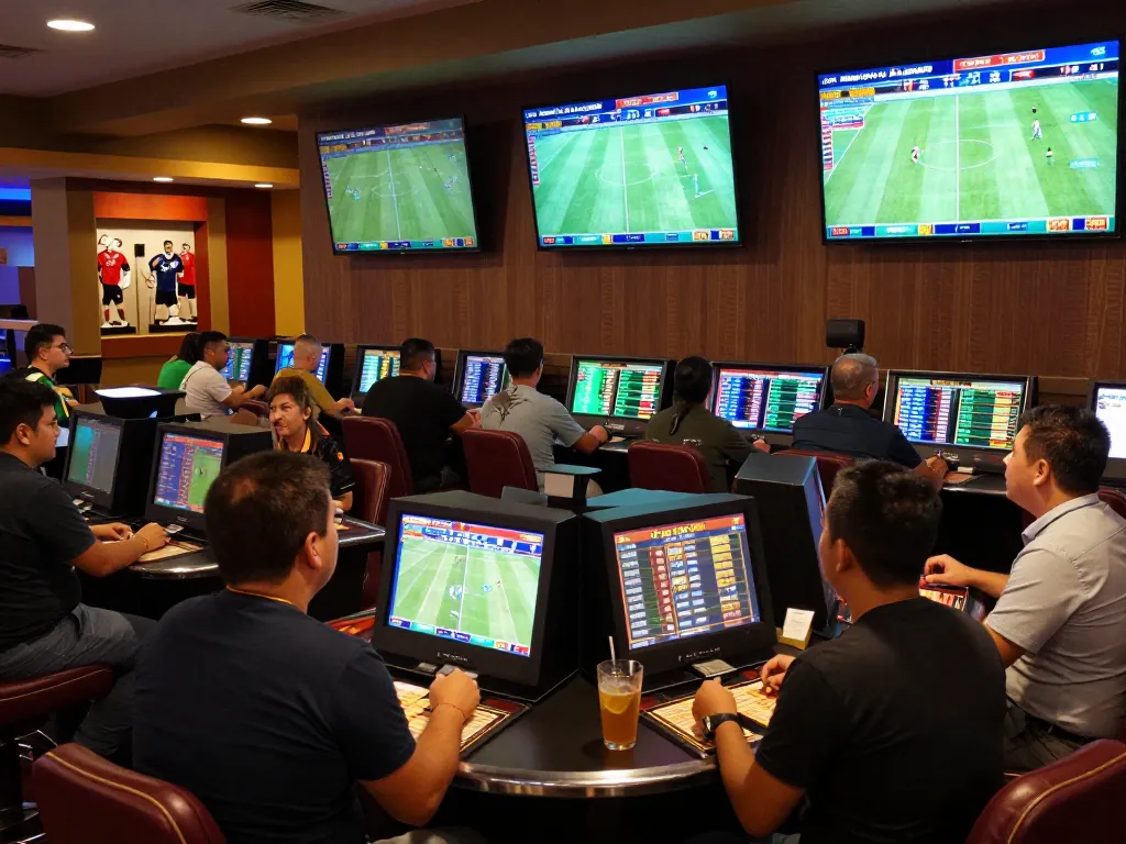 Engaged bettors analyzing tỷ lệ bóng đá kèo nhà cái while enjoying a vibrant sports betting area atmosphere