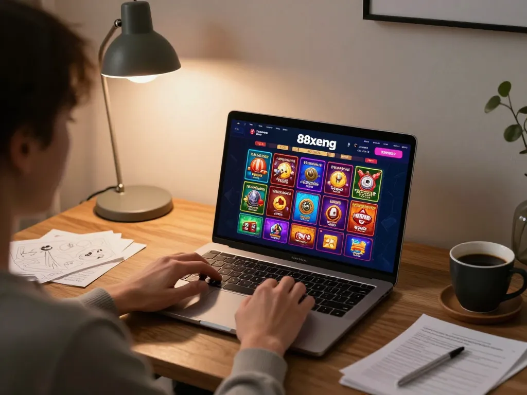 Player immersed in online gambling with the 88xeng interface on their laptop