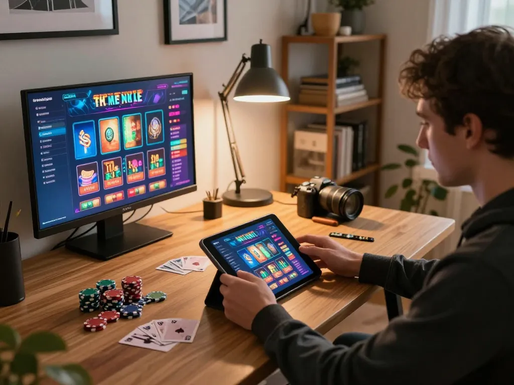 Engaged player enjoying gameplay on MB66 casino app in a cozy home setting with vibrant gaming details