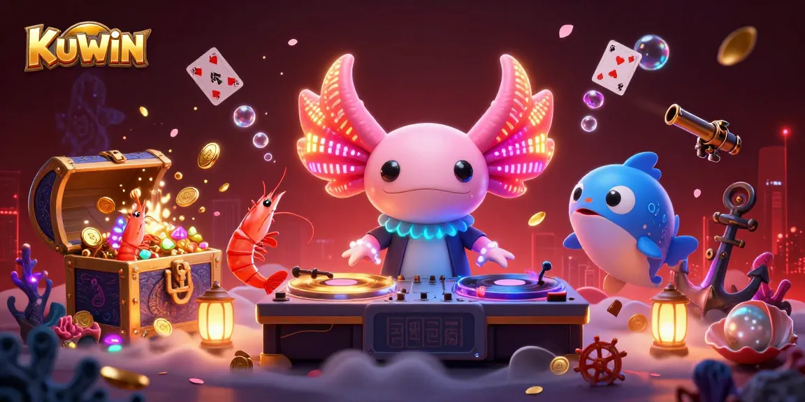 KUWIN features a vibrant 3D illustration of a neon axolotl DJ spinning records amidst lively underwater casino elements.