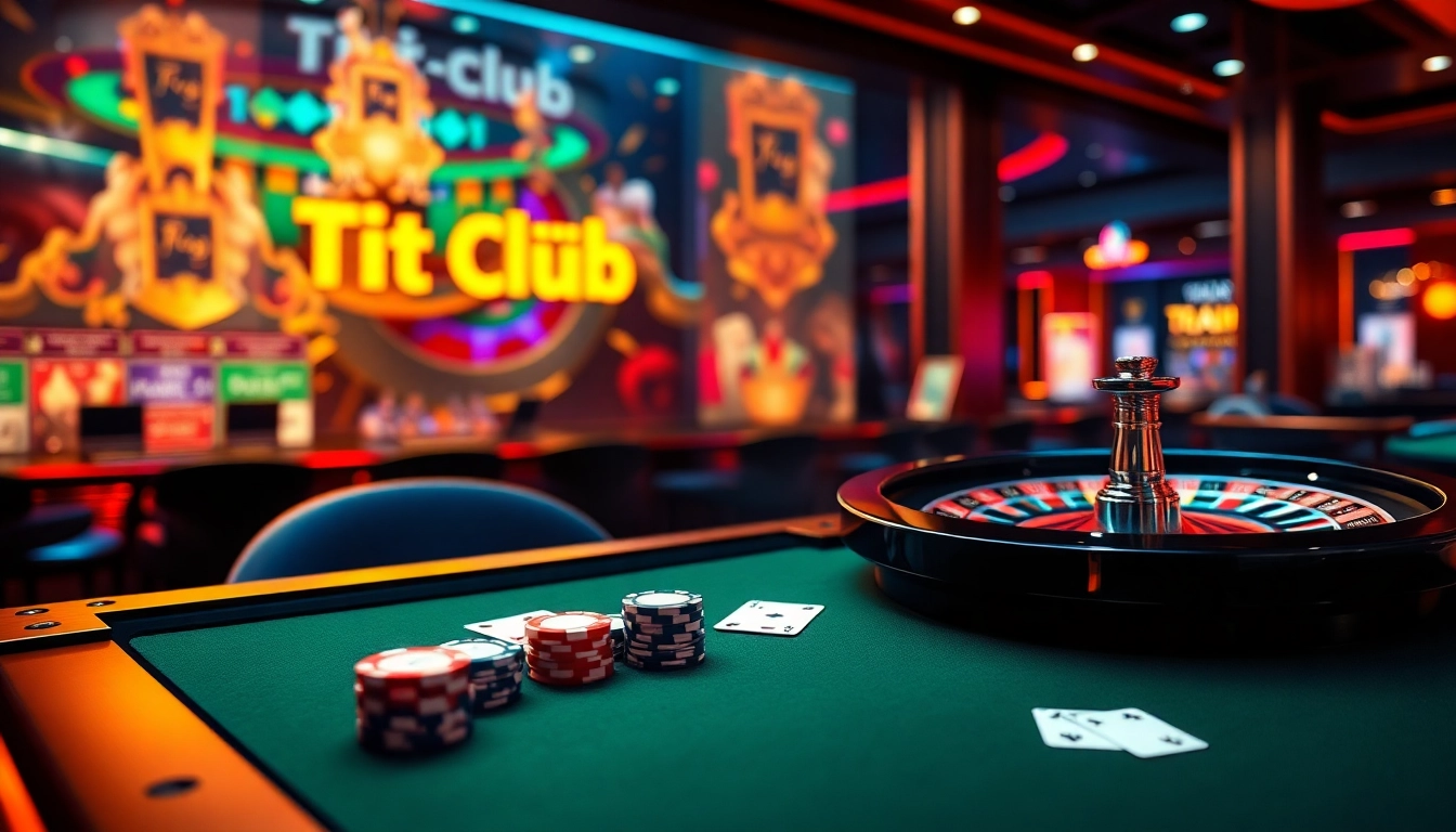 Tải Hitclub to experience thrilling gameplay at vibrant casino tables with poker chips and roulette.