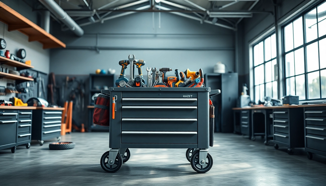 High-quality Hazet tool cart with tools in a professional workshop setting