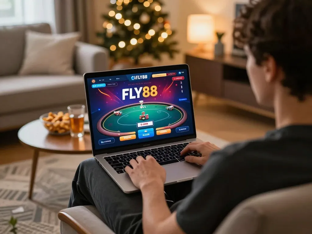 Player enjoying online FLY88 poker game at home with vibrant interface and cozy atmosphere.