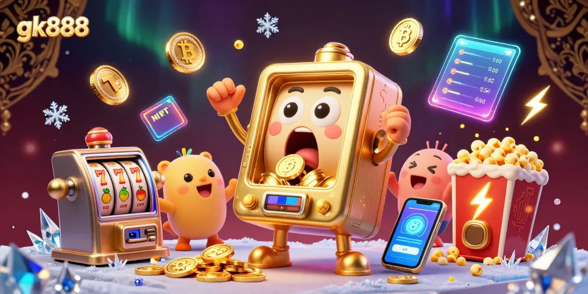 Spin the gk888 jackpot with animated slot machines surrounded by crypto coins and vivid casino elements.