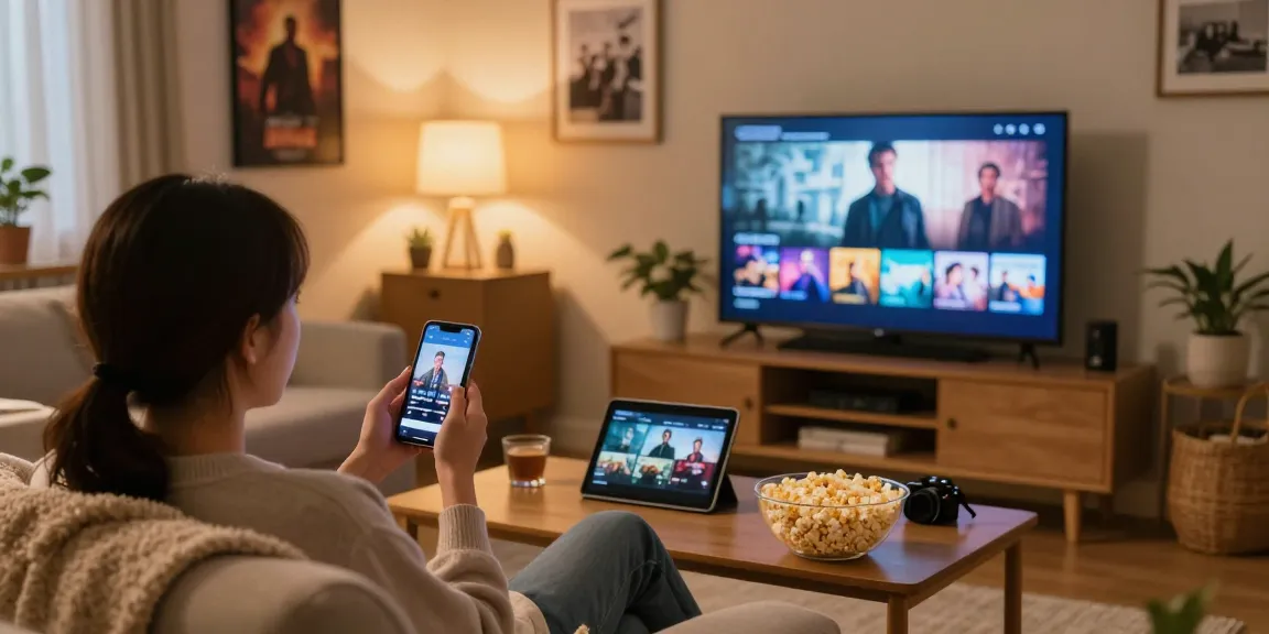 Pikashow streaming app interface on smartphone with cozy home entertainment setup, showcasing multiple devices