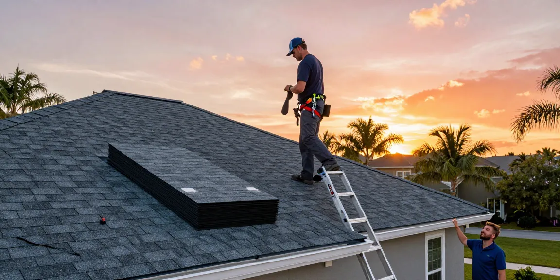 Shingle roof installation in Tampa with a contractor assessing high-wind resistant materials, showcasing quality craftsmanship and homeowner assurance.