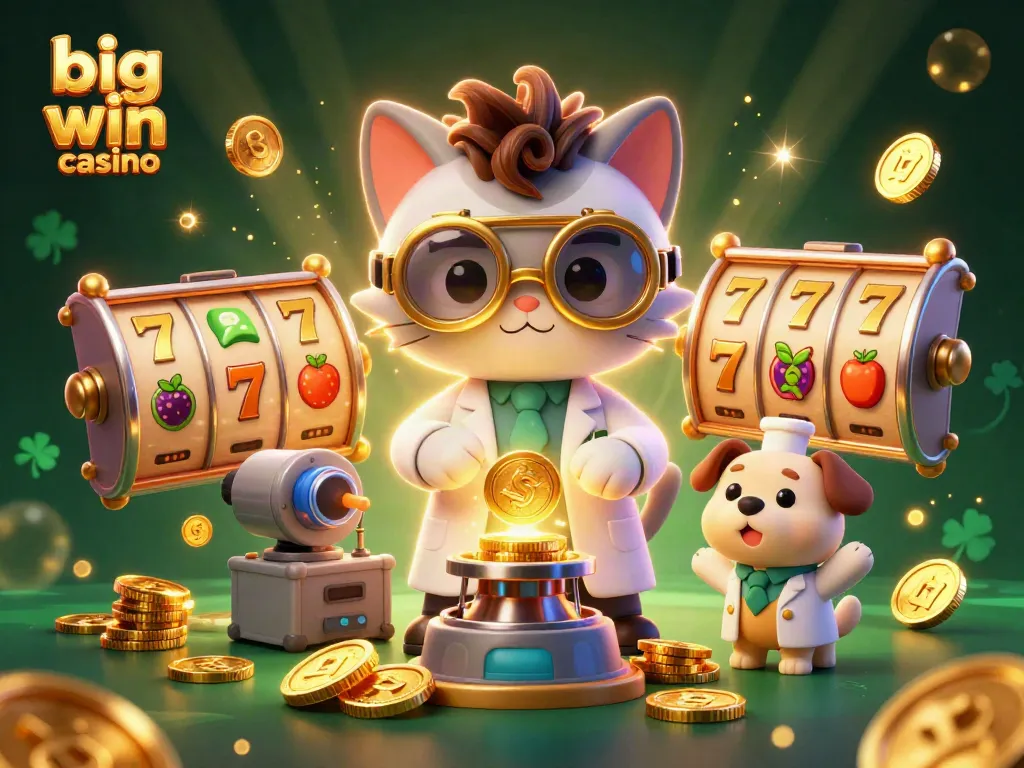 Experience the thrill at big win casino with 3D characters amidst spinning slots and gold coins.