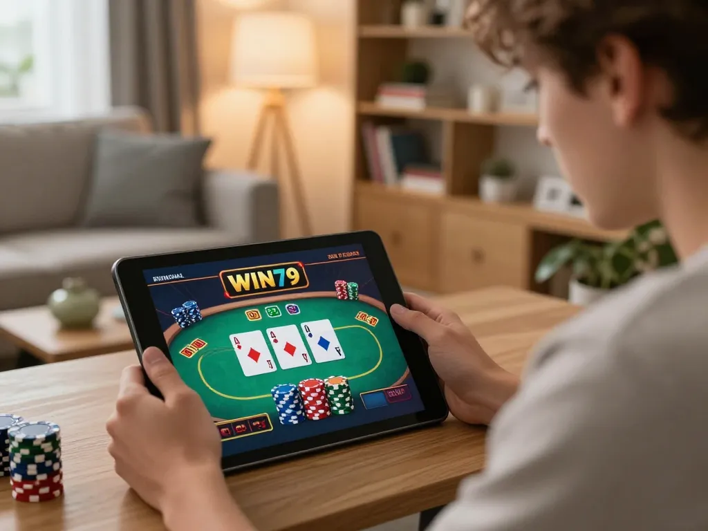 Engaging player using tablet for WIN79 live poker game in cozy home setting.