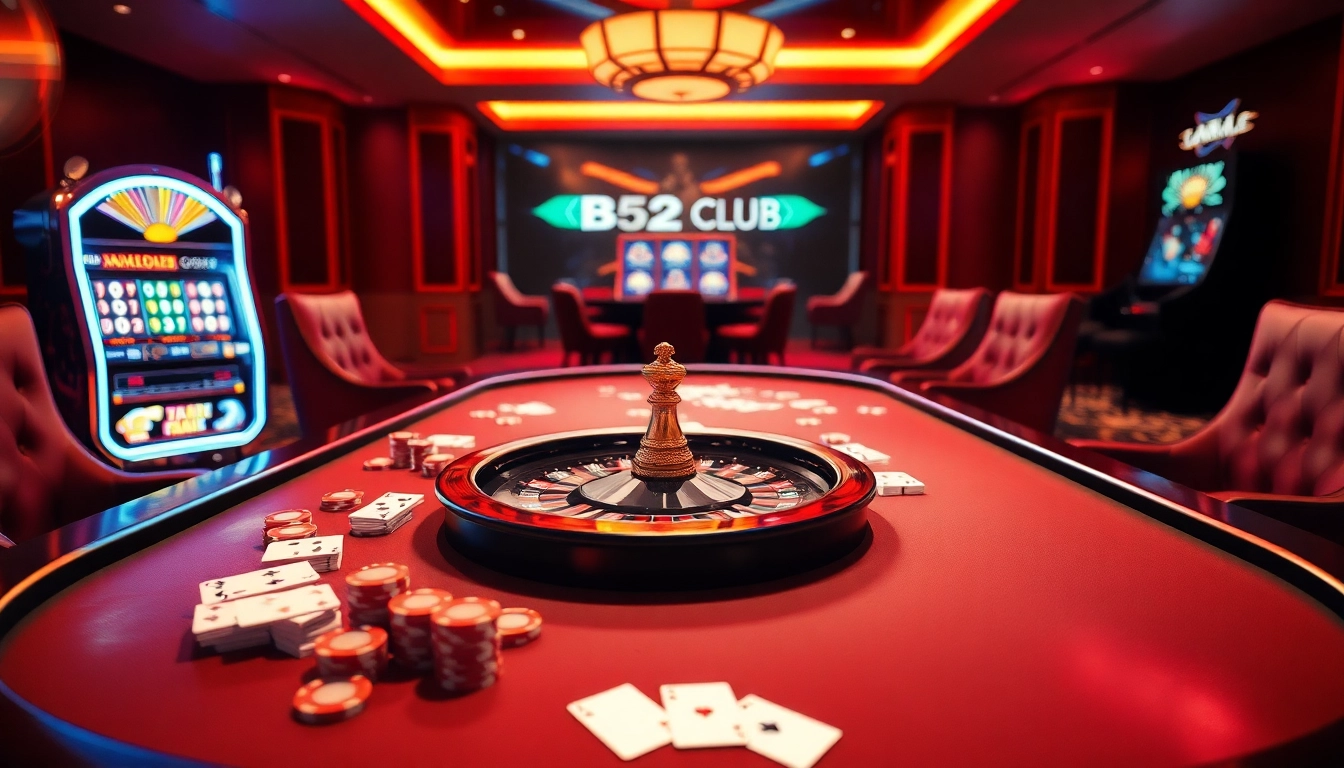 B52 CLUB gaming table radiating excitement with poker chips and roulette wheel.