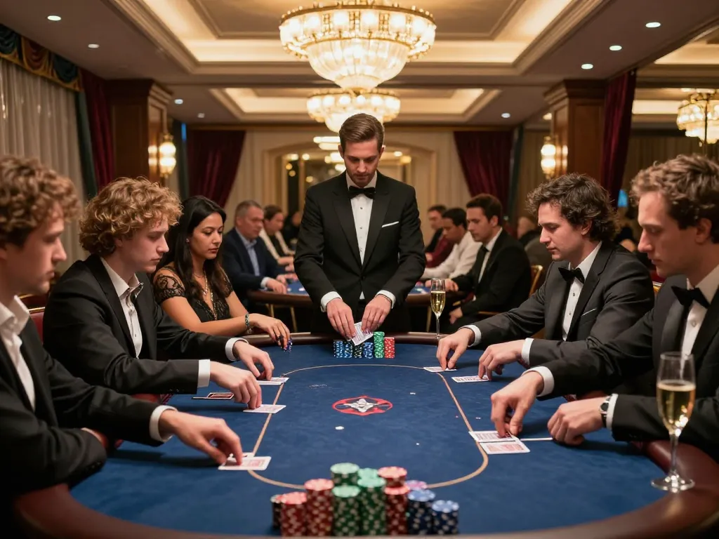 Elite players strategizing at a gem88 poker table with warm ambient lighting and luxurious decor