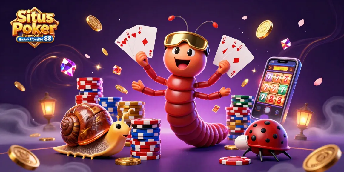 Situs Poker Online Resmi Domino88 showcases a vibrant scene with a millipede dealer, snail high-roller, and dynamic poker elements.