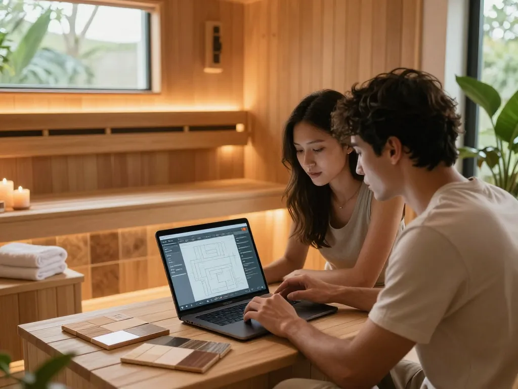 Sauna customization scene with a couple selecting designs and materials for their home sauna.