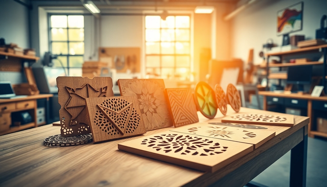 Showcasing intricate laser cutting designs on a wooden desk with professional tools and vibrant materials.