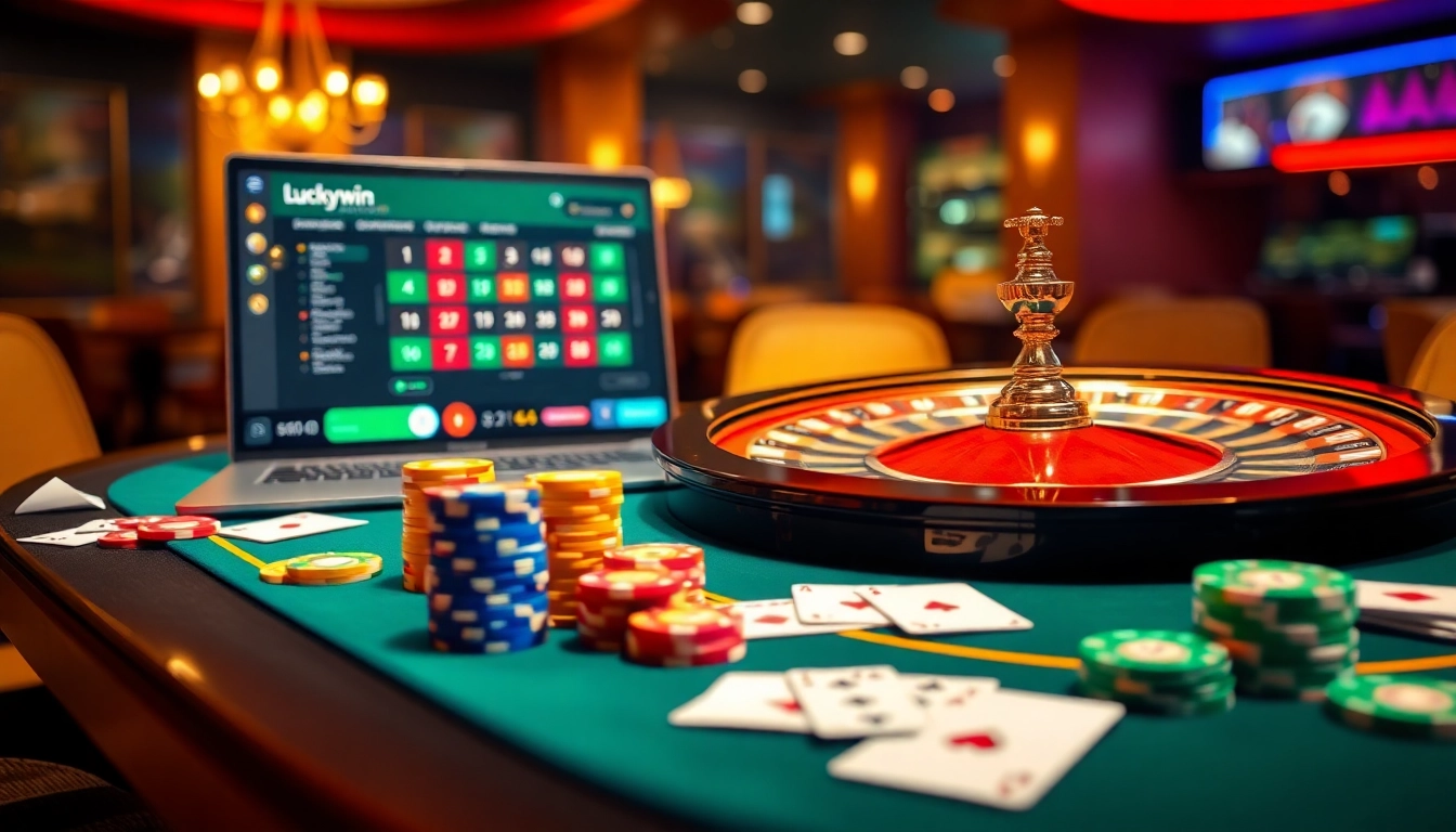 Experience luxury gaming at https://luckywin.com.co/ with vibrant roulette, chips, and poker elements.