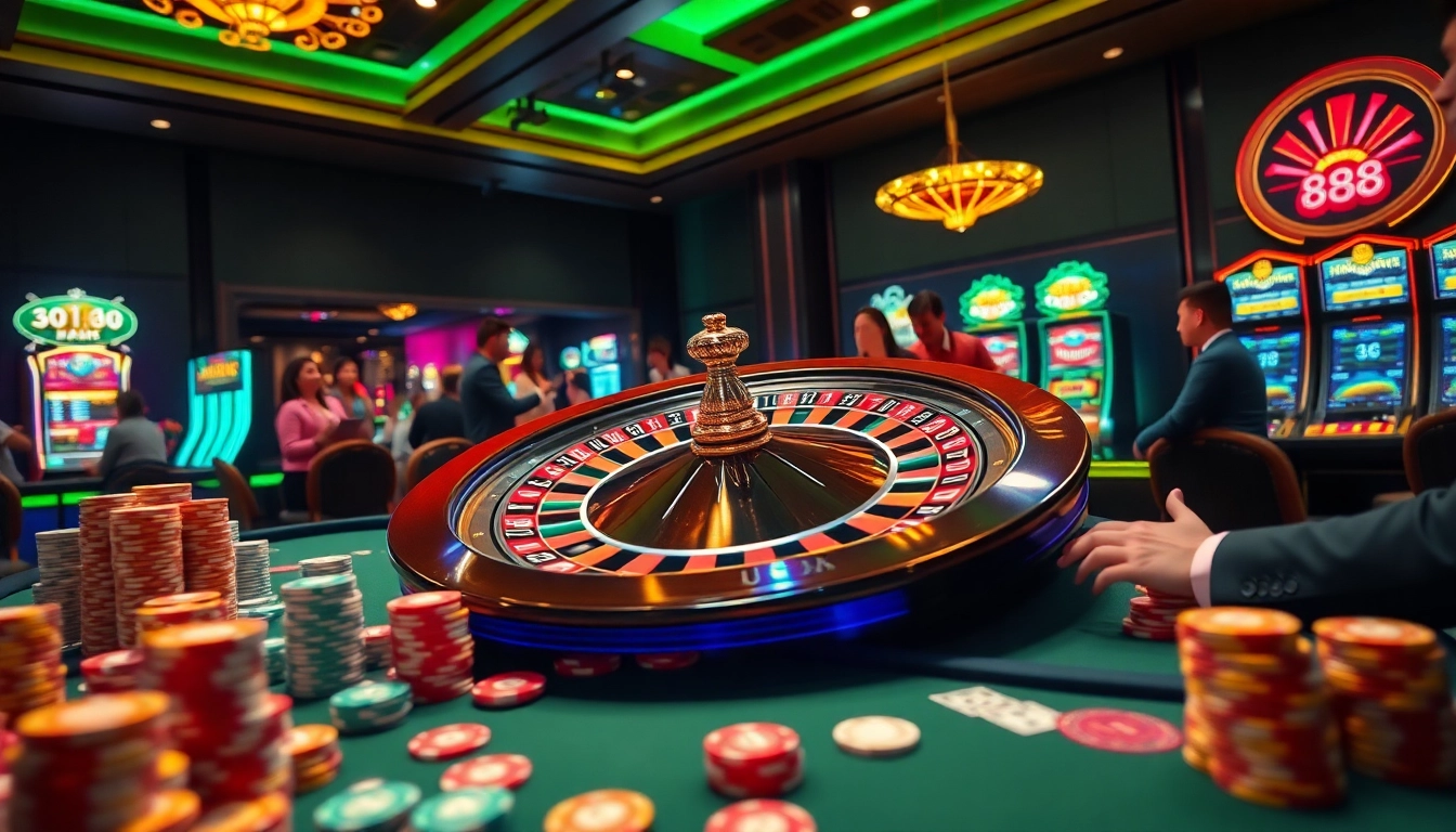 Excited players enjoy the high-stakes atmosphere at Good88 casino, featuring roulette and vibrant poker chips.