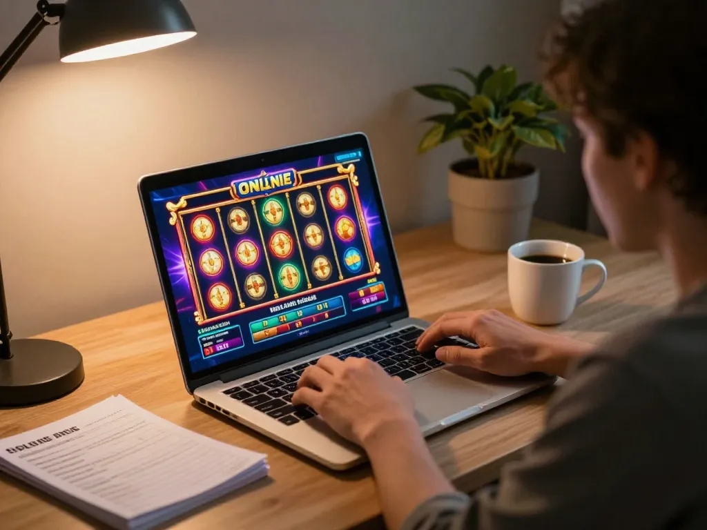Player enjoying a thrilling online slot game on laptop, showcasing vibrant graphics and engaging gameplay