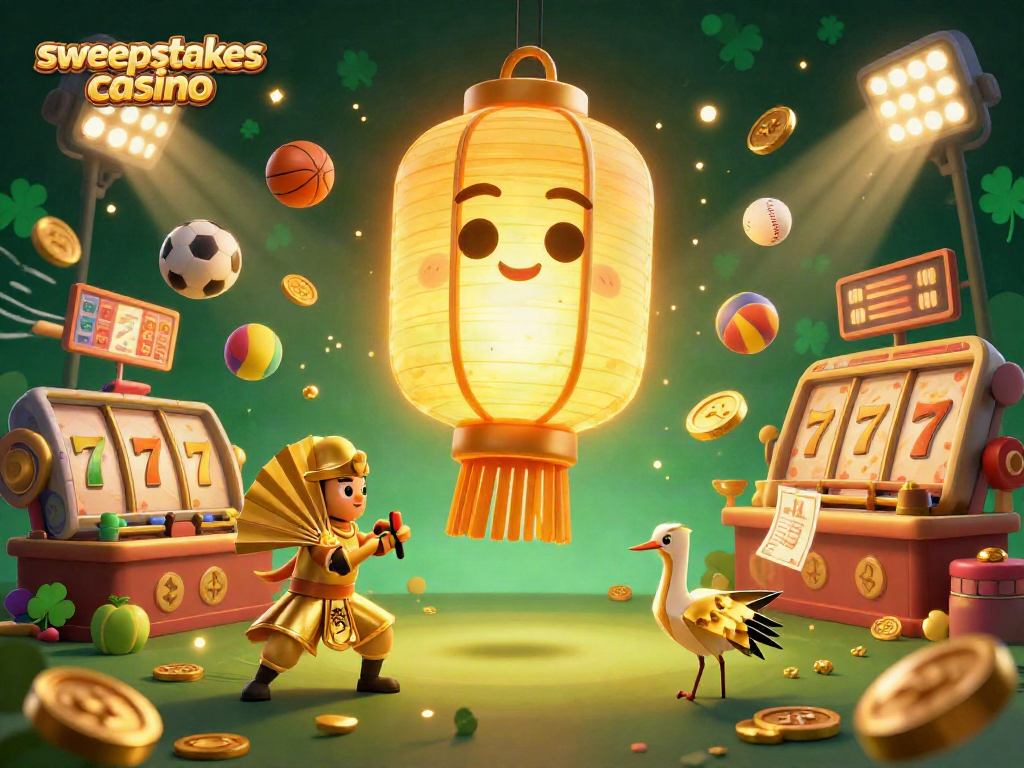 Sweepstakes casino scene with a giant lantern spirit, sports elements, and vibrant details for players.