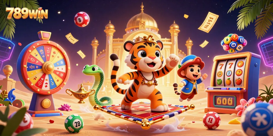 Experience the thrill of casino gaming with 789WIN's vibrant illustration featuring slots and prizes.