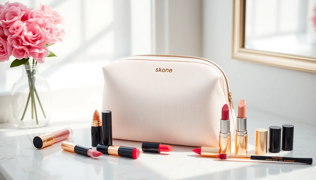 Stylish skone cosmetics signature makeup bag on a marble vanity with makeup brushes.