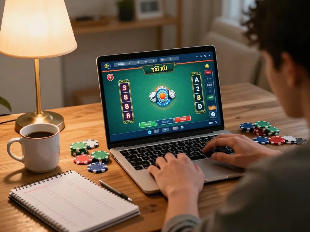 Tài Xỉu online gameplay featuring an intense player strategizing with chips and notes.
