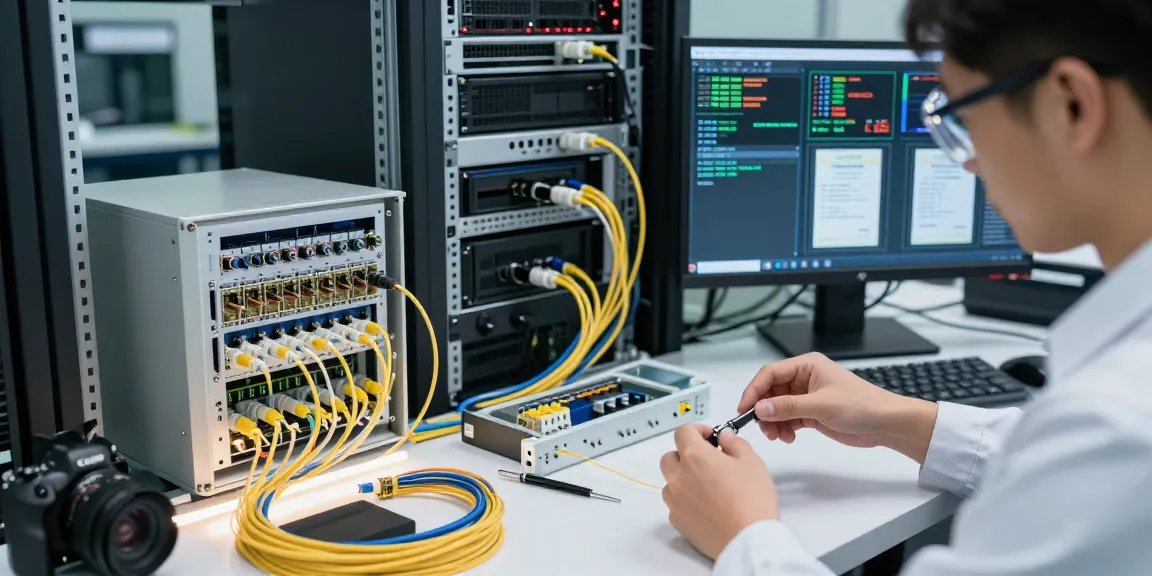 Technician assembling fiber optic cables in modern data center; fiber optic distributor demonstrating precision and advanced technology.
