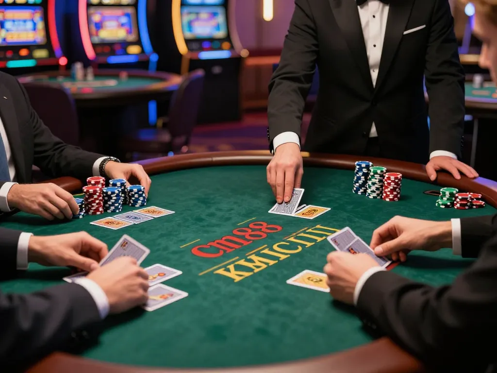 Players strategizing at a cm88 blackjack table, showcasing actual casino excitement and engagement.