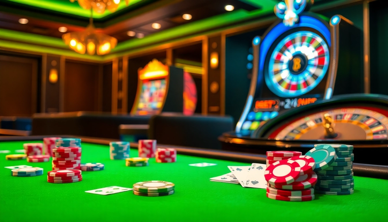 Experience thrilling action at F8bet.com with a captivating casino scene featuring poker and slot games.
