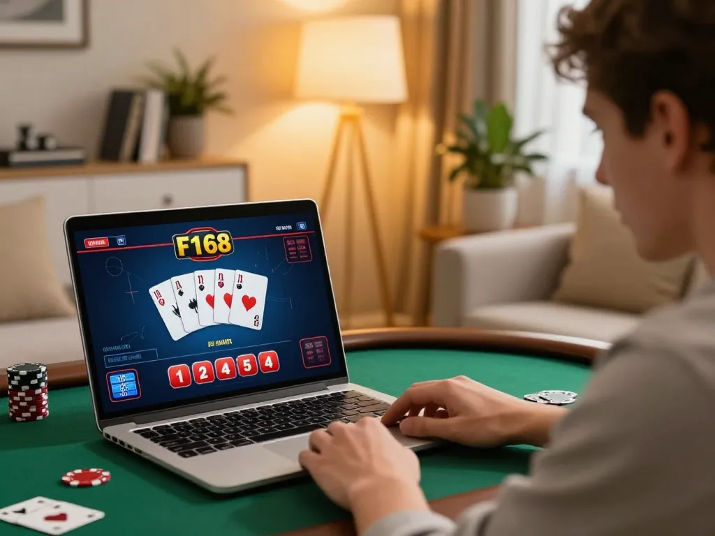 Engaged player exploring F168 Casino game on their laptop, surrounded by a cozy home setup