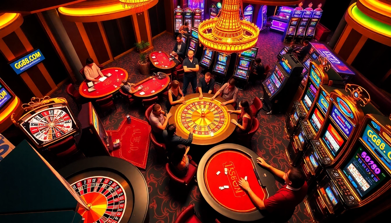 Experience the thrilling excitement of gaming at GG88.COM with vibrant casino action featuring poker tables and lively players.