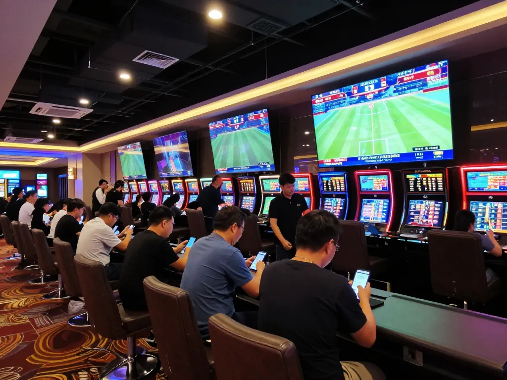 Patrons engaging in keo truc tuyen betting at a lively sports lounge in a modern casino.
