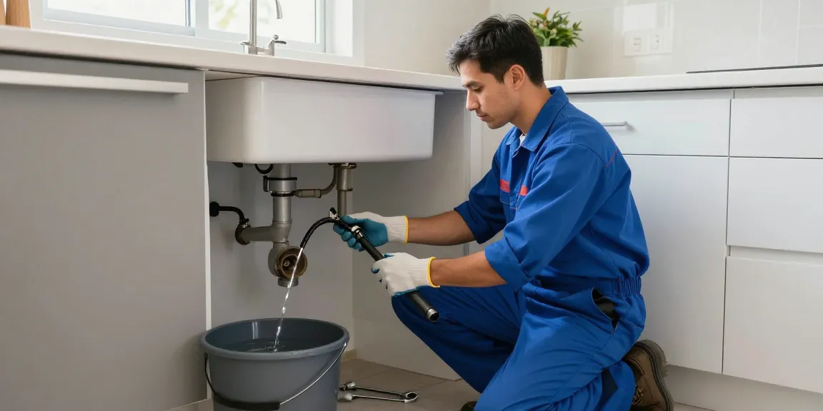 Expert plumber conducting drain cleaning San Diego in a modern kitchen, showcasing tools and service.