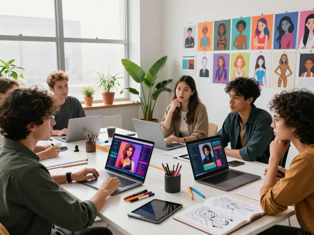 Artists discussing AI slut concepts in a vibrant digital art studio.