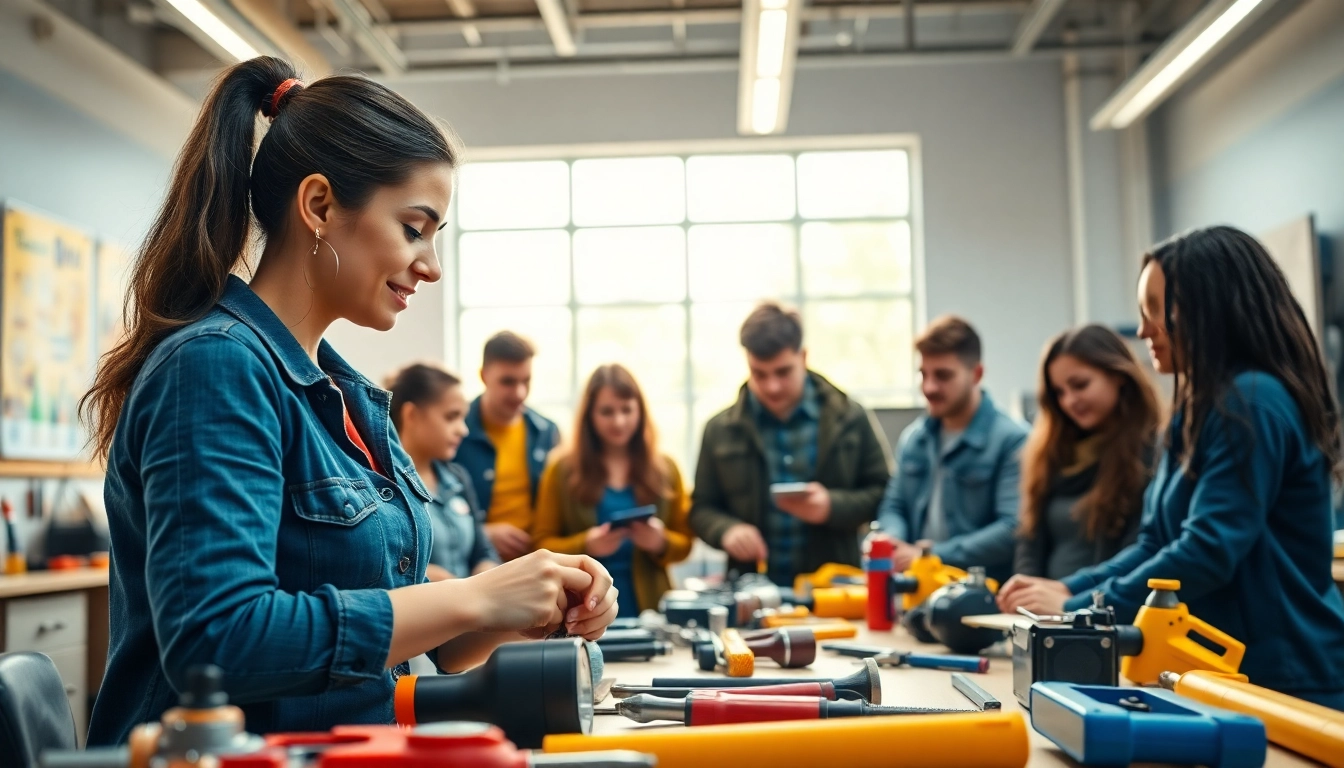 Students at trade school learning hands-on skills with professional guidance in a modern classroom.