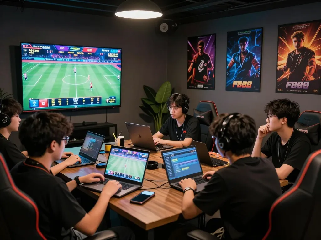 Engaging group enjoying online betting at fb88 com in a vibrant gaming environment.