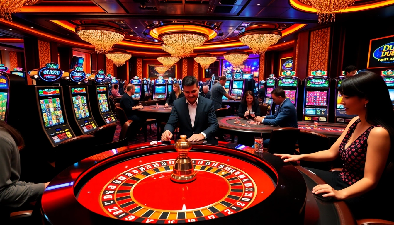 DU88 players enjoying vibrant table games and slot machines in a luxurious casino atmosphere.