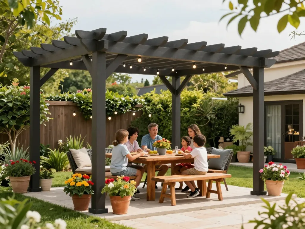 Stylish outdoor patio with a modern 3D pergola structure ideal for family gatherings.