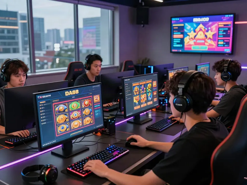 Players enjoying DA88 online gaming platform with vibrant interfaces and engaging setups.