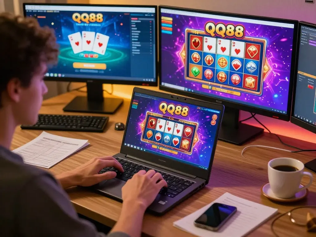 Engaging online gaming experience featuring QQ88 Money with player using laptop at home.