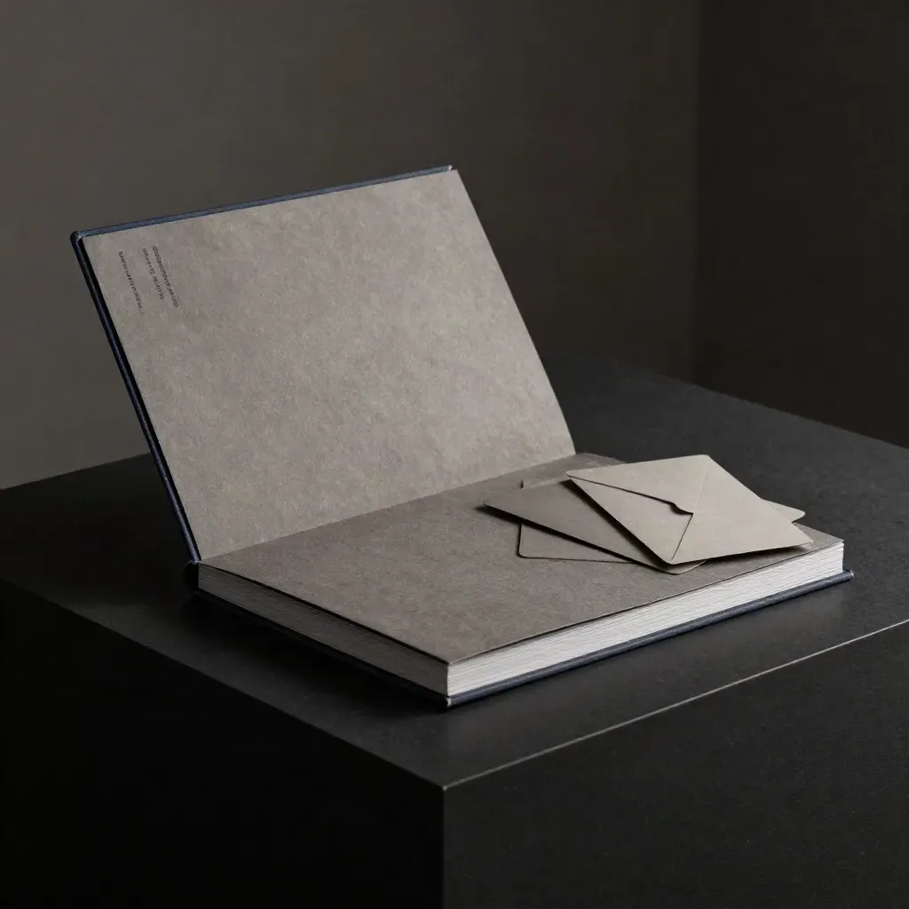 Open market research insight kit on matte-black plinth, cool rim light, dark haze, navy accent.