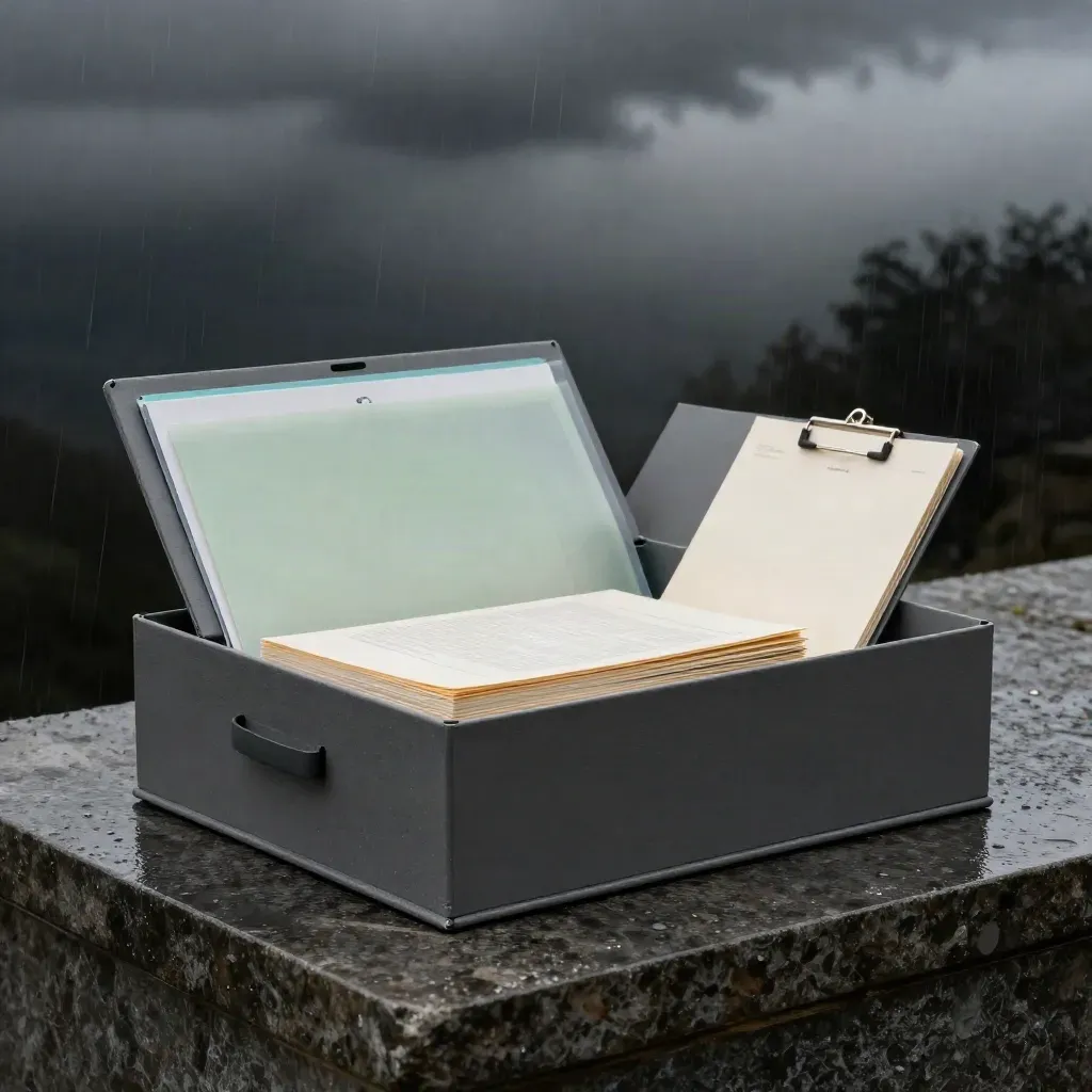 Market-research folio box with report volumes, dividers, and sample deck on rain-darkened stone
