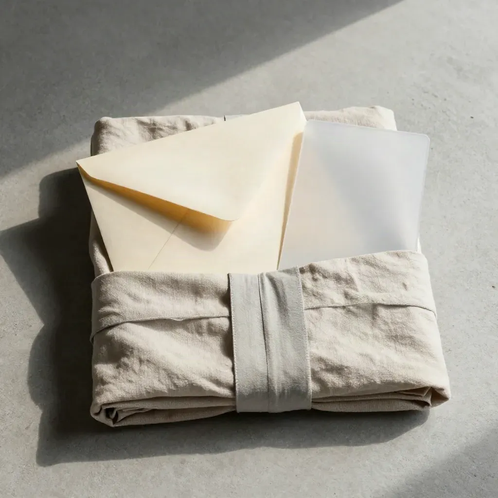 Cream dossier in folded cloth beside an envelope and frosted divider, seen from above.