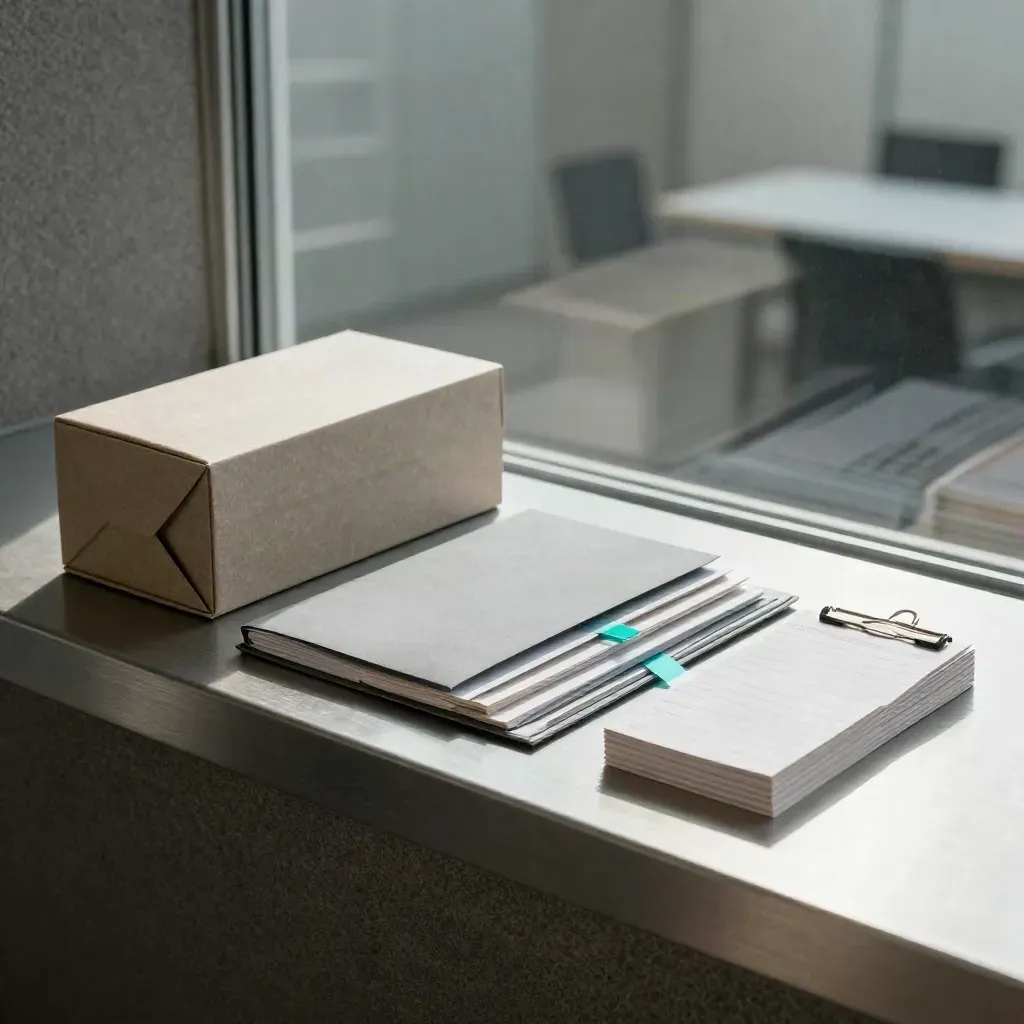 Customer interview packet, folder, note bundle and card stack on a modern studio ledge