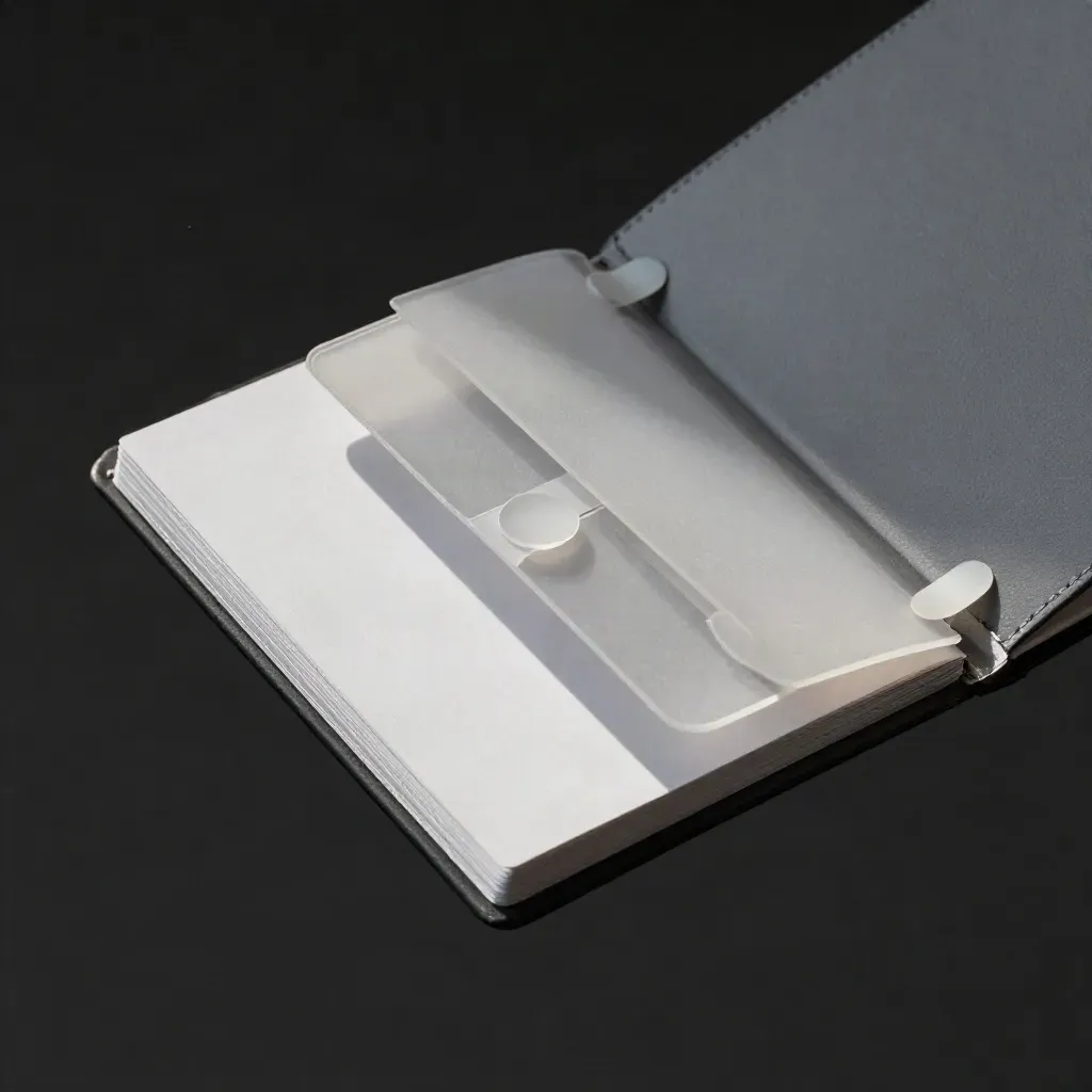 Macro of a graphite competitor-analysis folio with white tabs, sleeve, and blank cards